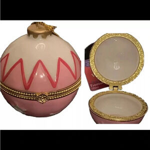 Vintage Baby Girl Pink 1st Christmas Trinket Box Hinged Ornament Round New 2”